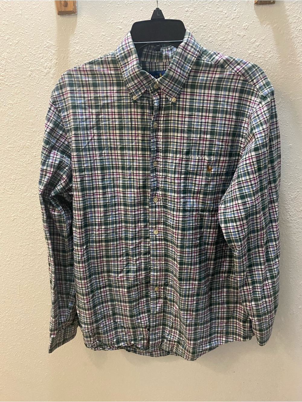 Vintage Ralph Lauren Green, White and Navy Plaid Button-Down Shirt